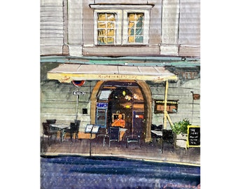 Madrid cafe Original gouache painting Cityscape artwork Street painting Architecture sketch Gouache art 10" x 12" inches by Bogdan Shiptenko