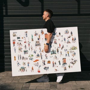 May include: A large rectangular white canvas featuring a detailed watercolor illustration of various people, city scenes, yellow taxis, and urban landmarks scattered across the surface, presented as a collection of small, colorful vignettes.