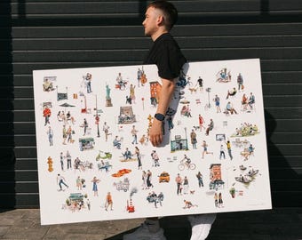 Figurative art Original watercolor painting Ode to New York Large painting Canvas wall art New York art 39" x 59" inches by Bogdan Shiptenko