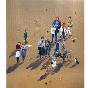 Gente del paseo impresión de pintura original Gouache Pintura de cartón Arte figurativo Pintura del paseo 26 por 29 pulgadas por Bogdan Shiptenko