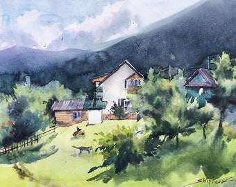 Village des Carpates Giclée d'aquarelle originale, art de paysage, peinture sur arbre, croquis à l'aquarelle, 27 x 35 cm par Bogdan Shiptenko