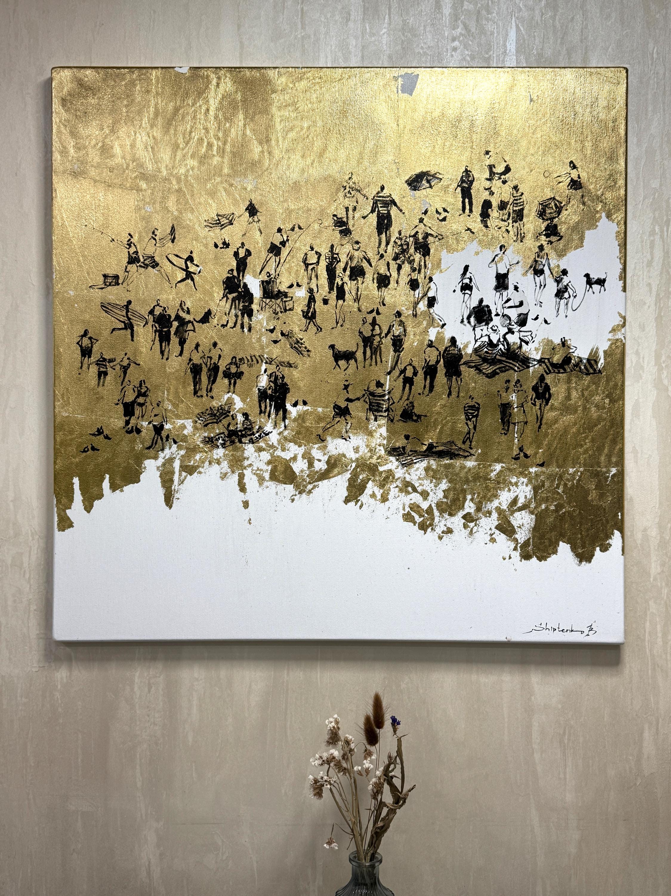 『黄金の葉』絵画 アクリル画/原画 黄金の海岸 オリジナルアクリル画のプリント 黄金の葉の芸術