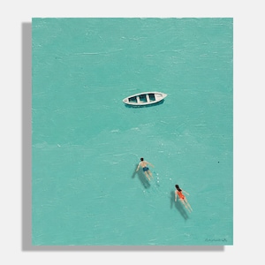 May include: A textured painting on a square canvas depicting a turquoise sea with a small white rowboat and two figures swimming. One figure wears blue trunks and the other wears a red swimsuit. The artist's signature is in the bottom right corner.