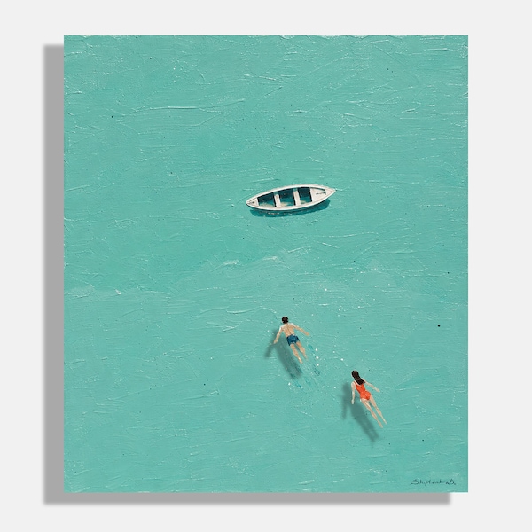 Figurative art Original acrylic painting Boat for two Emerald painting Green wall art People painting Acrylic art 16x20 by Bogdan Shiptenko