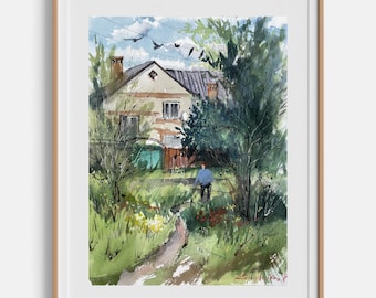 Landscape painting Original watercolor painting Neighbor house Framed wall art Landscape art Watercolor sketch 10" x 12" by Bogdan Shiptenko