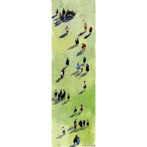 May include: Watercolor painting of a crowd of people on a green field. The figures are depicted from an aerial perspective, with long shadows cast by the sun. The people are wearing various colors, including red, black, and white.