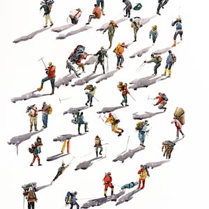 Könnte beinhalten: Eine Aquarellillustration, die zahlreiche Bergsteiger und Wanderer in verschiedenen Posen zeigt, die farbenfrohe Outdoor-Ausrüstung tragen und große Rucksäcke tragen. Die Figuren sind auf einem weißen Hintergrund verteilt und werfen jeweils einen grauen Schatten.