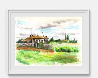 Pintura de paisaje Pintura original a lápiz Campo verde Pintura verde Arte de paisaje Cuadro de pared enmarcado 8 x 12 pulgadas por Bogdan Shiptenko