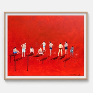 May include: An acrylic painting on canvas depicts a group of people in swimwear on a red background. The figures are in various poses, some standing, some sitting, and some appearing to be diving. The artwork is framed in a light wood.
