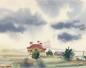 Landscape painting Original watercolor painting Green field Framed painting Watercolor artwork Landscape art 7x11 inches by Bogdan Shiptenko