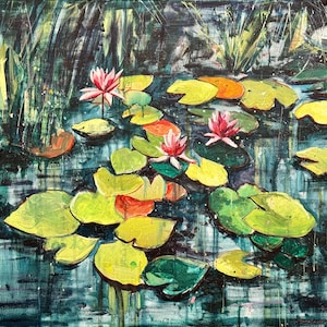 May include: An impressionistic painting of a pond with lily pads and pink water lilies. The water is a mix of blues and greens, with yellow, orange, and green lily pads. Tall green reeds are in the background.