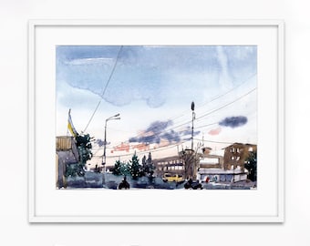 Cityscape painting Original watercolor painting Night Kryvyi Rih Framed wall art Architecture sketch Cityscape art 6 x 8 by Bogdan Shiptenko