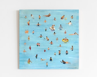 Oil Painting Swimming Pool Relax of Pool Basin Oil Stretched Canvas Art People Painting Figurative Art Seascape painting Coastal Painting