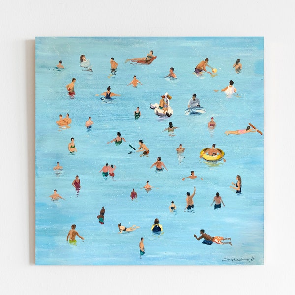 Ölgemälde Schwimmbad Entspannen von Pool Becken Ölgemälde Leinwand Kunst Menschen Malerei Figurative Kunst Meereslandschaft Malerei Küstenlandschaft