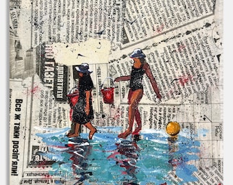 Figurative art Original acrylic painting Shell collectors Canvas wall art Newspaper painting People art Canvas art 6 x 6 by Bogdan Shiptenko