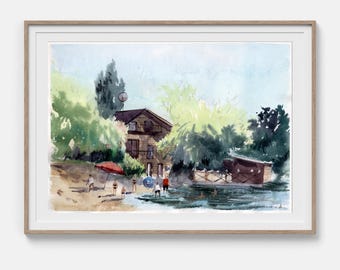 Pintura de paisaje urbano. Acuarela original. Casa junto al lago. Arte de pared enmarcado. Boceto arquitectónico. Acuarela de 30 x 40 cm (12" x 16") de Bogdan Shiptenko.