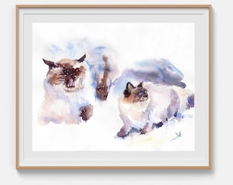 Animal painting Original watercolor wall art Two cats Animal art Cat painting Framed artwork Watercolor art 8x12" inches by Bogdan Shiptenko