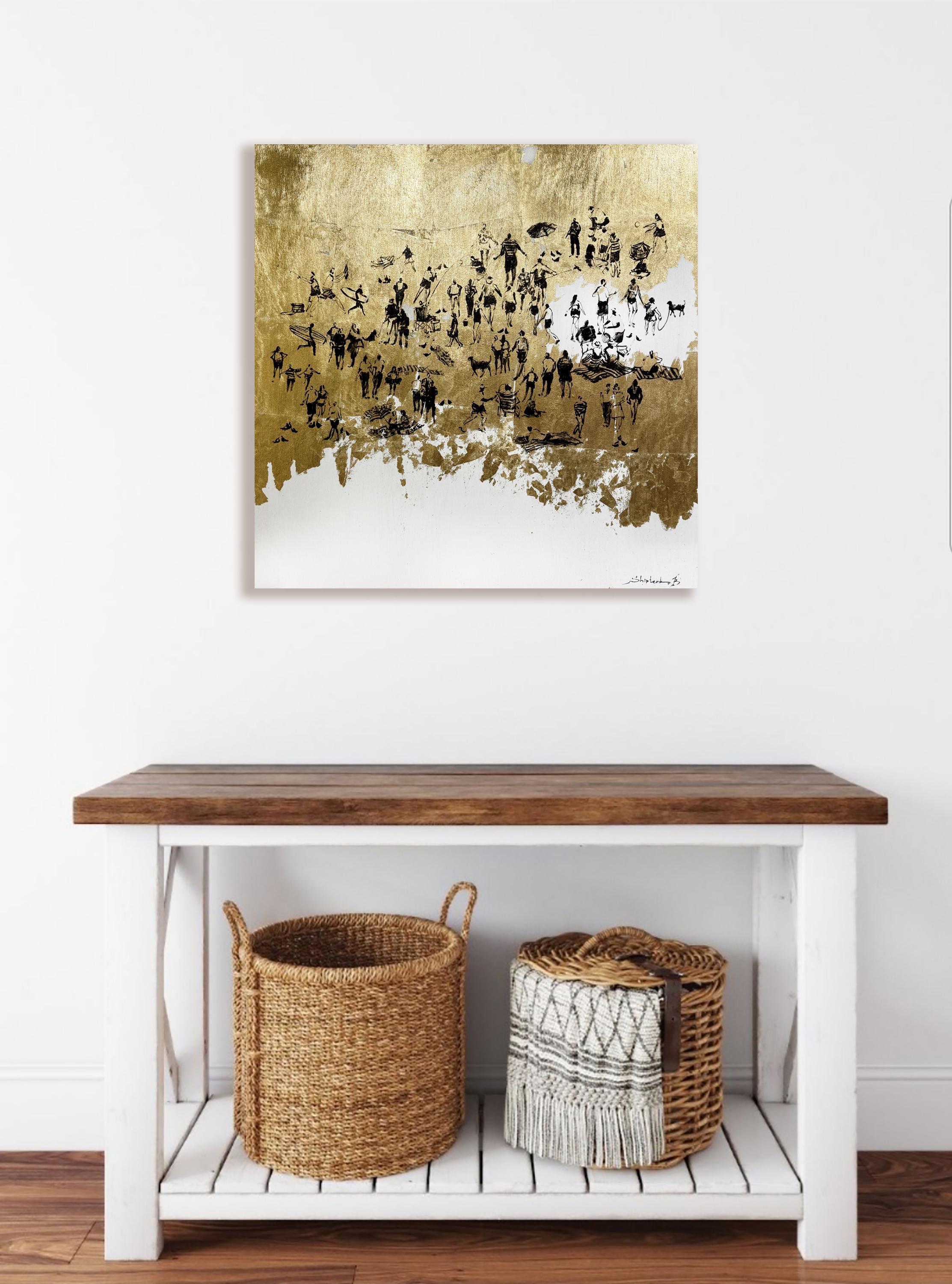 『黄金の葉』絵画 アクリル画/原画 黄金の海岸 オリジナルアクリル画のプリント 黄金の葉の芸術