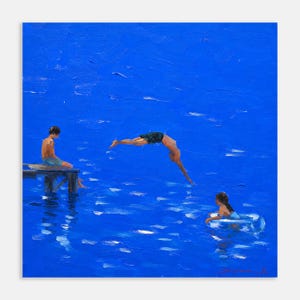 May include: An oil painting on canvas depicting a vibrant blue body of water. One figure sits on a wooden pier, another figure dives into the water, and a third figure floats in a clear inner tube. The brushstrokes are visible and textured.