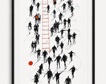 Figurative art Original watercolor painting Life ladder Framed wall art Vertical art Figurative painting 12 x 28" inches by Bogdan Shiptenko