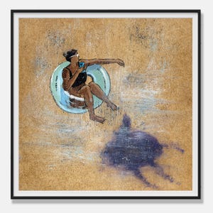May include: An artistic illustration depicts a person in a black swimsuit, seated in a light blue inner tube, holding a blue object. The artwork has a textured, tan background with a dark shadow below.
