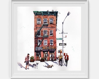 Cityscape painting Original watercolor art Brooklyn corner Urban wall art Framed painting City art Watercolor sketch 8x8 by Bogdan Shiptenko
