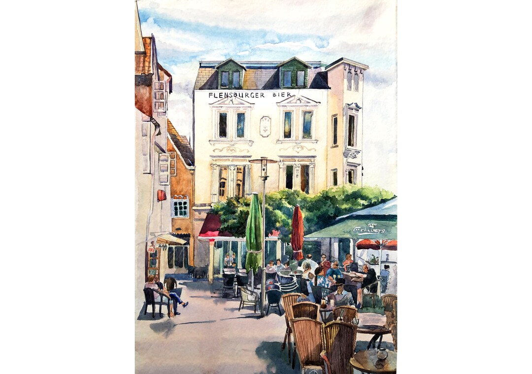 Flensburg City Original Watercolor Painting Architecture Artwork ...