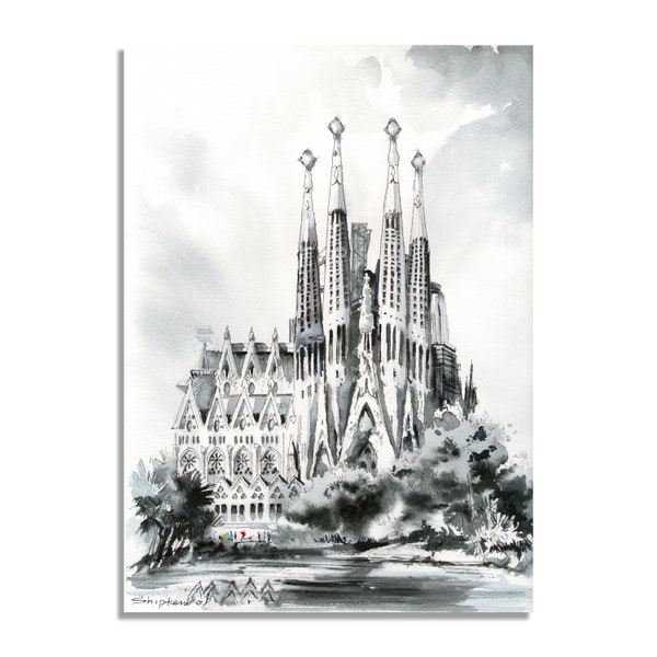 Sagrada familia Original watercolor artwork Barcelona cityscape painting Architecture art Monochrome painting 8x12" inch by Bogdan Shiptenko