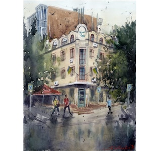 Urban layers Original watercolor painting Cityscape art Architecture sketch Urban painting Layers artwork 10 x 13 inches by Bogdan Shiptenko