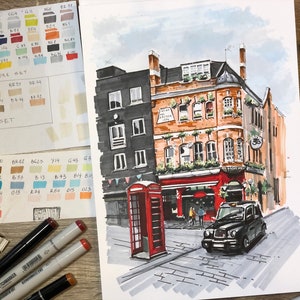 London art Original marker painting, experience the bustling energy of London's streets in this original marker painting, which skillfully captures the city's iconic architecture and dynamic street scenes in vivid detail.