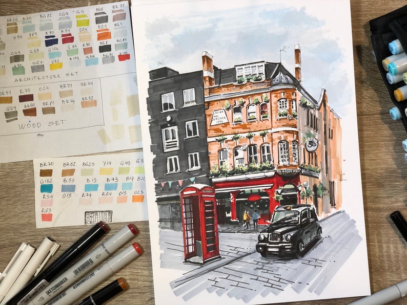 London art Original marker painting, experience the bustling energy of London's streets in this original marker painting, which skillfully captures the city's iconic architecture and dynamic street scenes in vivid detail.