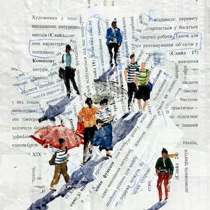 May include: An artwork collage showing figures climbing a slope made of torn book pages. The figures are painted in different colours, and the background is filled with text fragments, creating a layered, textured effect.