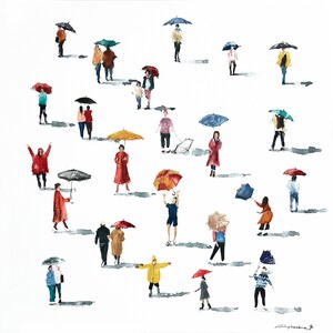 May include: A watercolor painting of people walking in the rain with umbrellas. The people are wearing colorful clothing and holding umbrellas in various colors and patterns. The background is a white canvas.