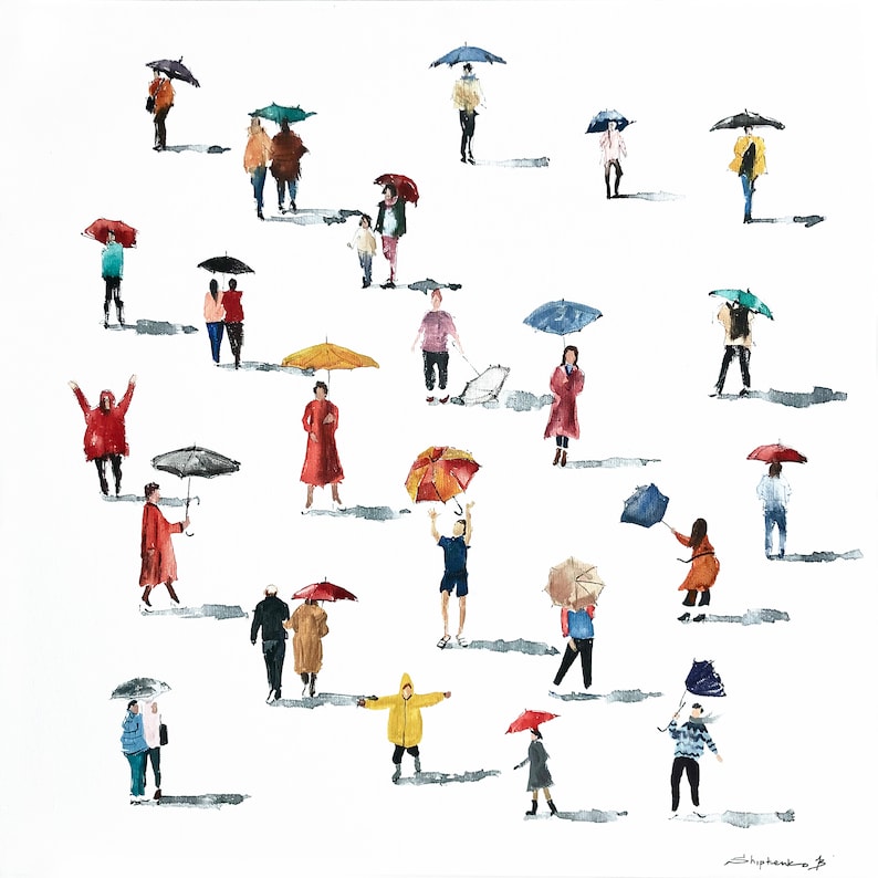 May include: A watercolor painting of people walking in the rain with umbrellas. The people are wearing colorful clothing and holding umbrellas in various colors and patterns. The background is a white canvas.
