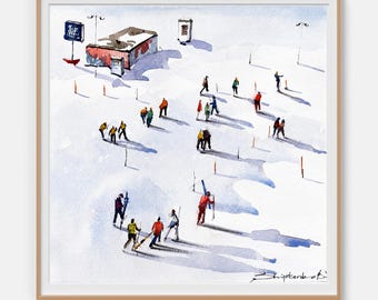 Figurative art Original watercolor painting Ski painting Contemporary art Minimalist painting Figurative painting 20x20" by Bogdan Shiptenko