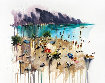 Pintura de paisaje Pintura acrílica original Natación en cantera Pintura blanca Arte de playa Arte de pared sobre lienzo Arte acrílico 28" x 28" de Bogdan Shiptenko