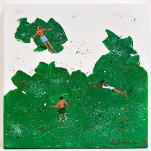 May include: A square canvas painting featuring three figures swimming in a large, textured green area against a white background. One figure wears light blue trunks, another wears green trunks, and the third wears a white swimsuit, with paint splatters.