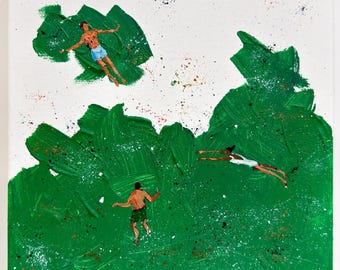 Arte figurativo Pintura acrílica original Mar de hierba Pintura sobre lienzo Arte mural verde Obra de arte costera Arte acrílico 8x8 pulgadas de Bogdan Shiptenko