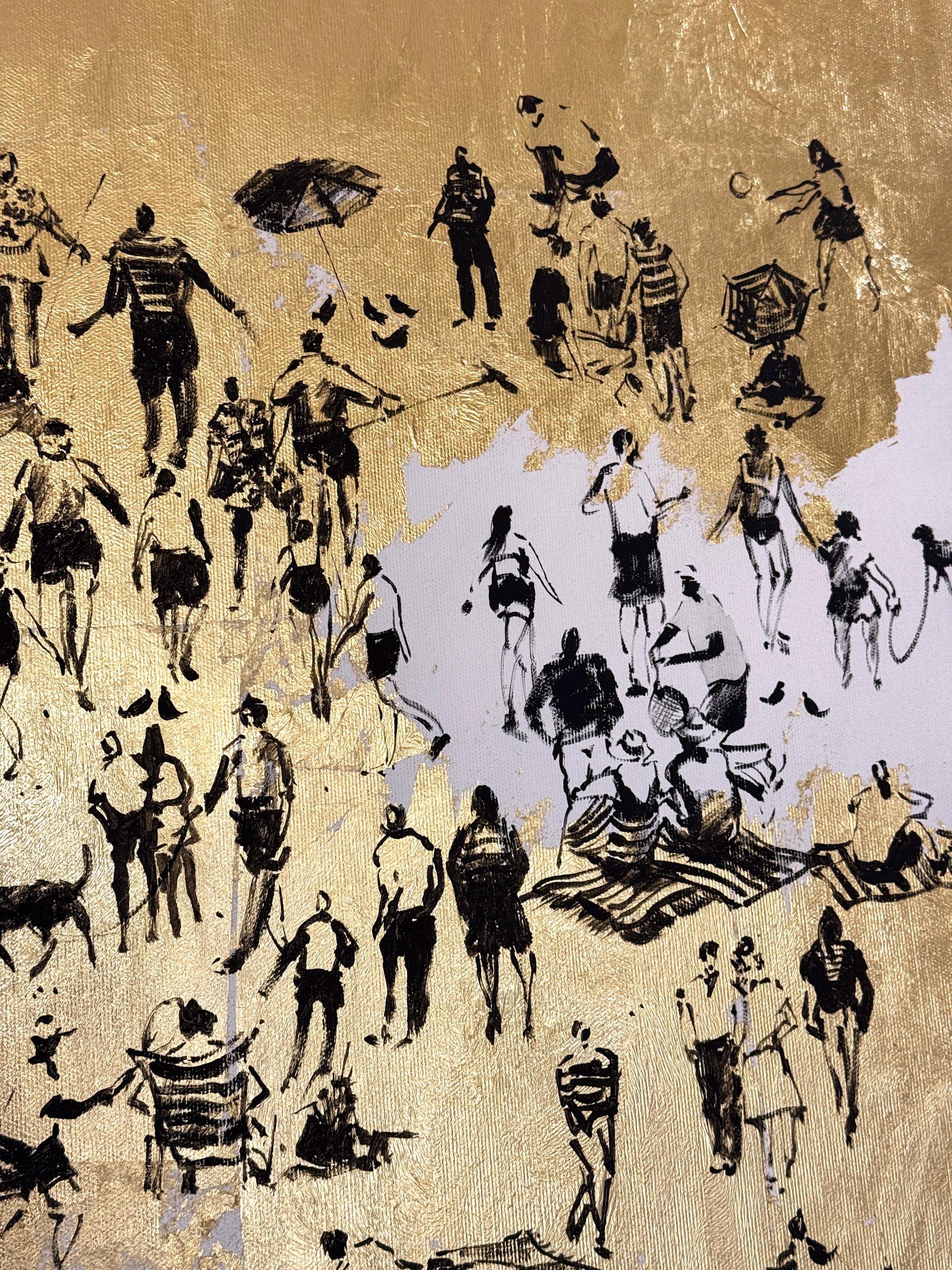 『黄金の葉』絵画 アクリル画/原画 黄金の海岸 オリジナルアクリル画のプリント 黄金の葉の芸術