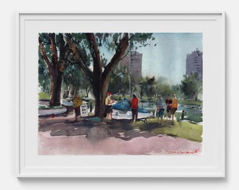 Pintura de paisaje urbano Obra de arte original en acuarela Vida en el parque Boceto arquitectónico Arte horizontal Arte de pared enmarcado 9x12 pulgadas por Bogdan Shiptenko