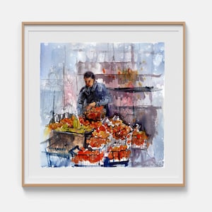 Könnte beinhalten: Ein Aquarellgemälde, das eine Person hinter einem Marktstand zeigt, der mit Kisten voller leuchtend orangefarbener Produkte gefüllt ist. Das Kunstwerk zeichnet sich durch lockere, ausdrucksstarke Pinselstriche in Blau-, Grau- und Orangetönen aus, gerahmt in hellem Holz.
