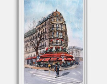 Cityscape painting Original watercolor painting Cafe de Paris Architecture sketch Framed wall art Paris painting 12 x 16 by Bogdan Shiptenko