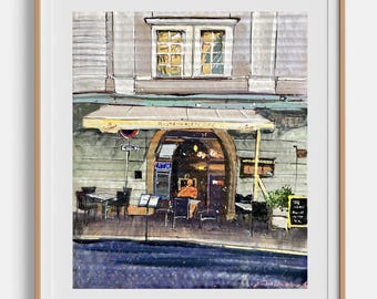 Pintura de paisaje urbano. Pintura original en gouache. Café de Praga. Boceto arquitectónico. Arte de pared enmarcado. Arte vertical de 10 x 12 pulgadas por Bogdan Shiptenko.