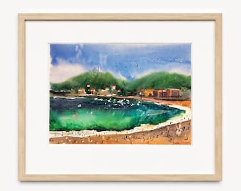 Ocean painting Original watercolor painting Spanish coast Coastal wall art Seascape painting Framed art 11" x 14" inches by Bogdan Shiptenko