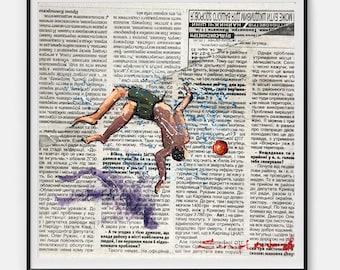 Figurative art Original acrylic painting Freedom of movement Newspaper wall art Framed painting People art 7 x 7" inches by Bogdan Shiptenko