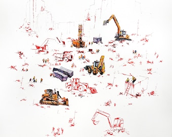 Figurative art Original acrylic painting Excavator painting Canvas art Large painting Acrylic artwork White painting 32x35" Bogdan Shiptenko