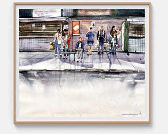 Cityscape painting Original watercolor painting City moments Street painting Framed wall art Architecture sketch 16 x 20 by Bogdan Shiptenko