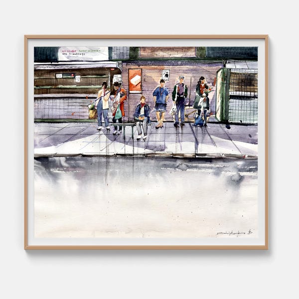 Cityscape painting Original watercolor painting City moments Street painting Framed wall art Architecture sketch 16 x 20 by Bogdan Shiptenko