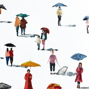 May include: A watercolor painting of people walking in the rain with umbrellas. The umbrellas are in various colors, including blue, green, red, and yellow. The people are wearing casual clothing and are walking in a line.