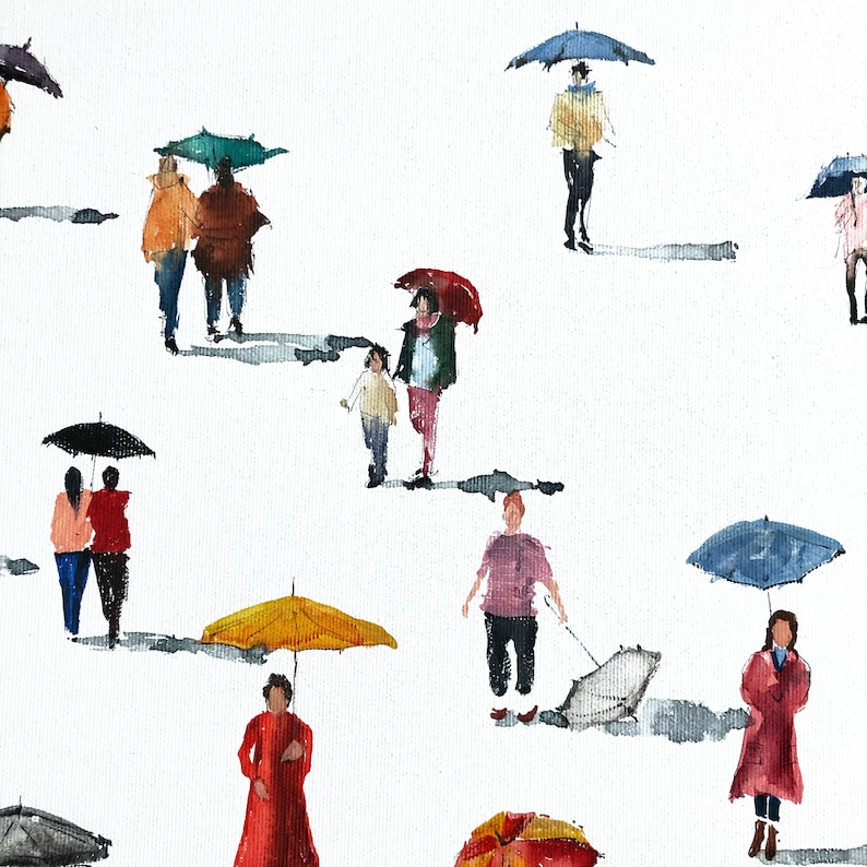 May include: A watercolor painting of people walking in the rain with umbrellas. The umbrellas are in various colors, including blue, green, red, and yellow. The people are wearing casual clothing and are walking in a line.
